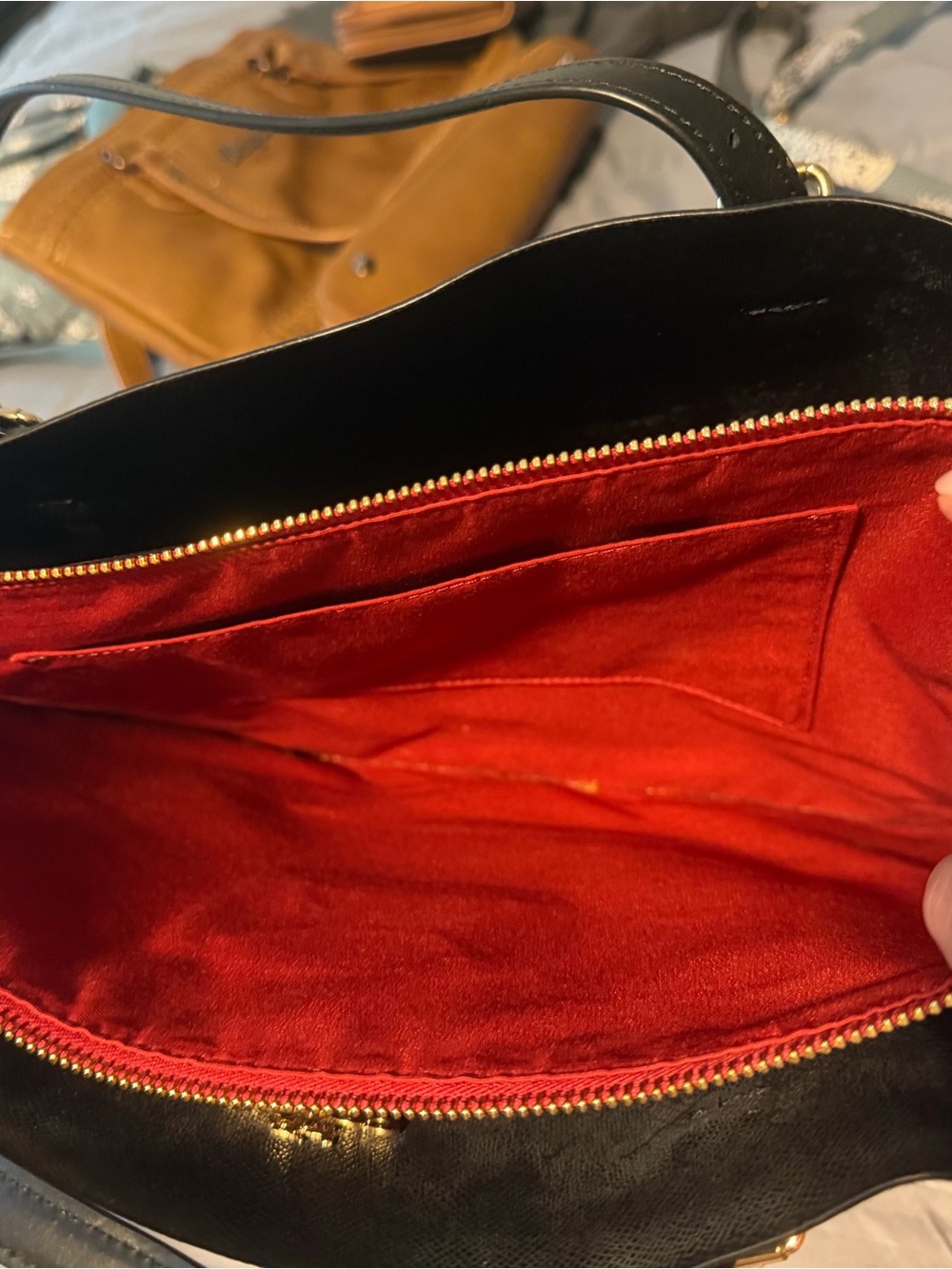 Coach Black Leather Tote with Red Interior and Gold Hardware